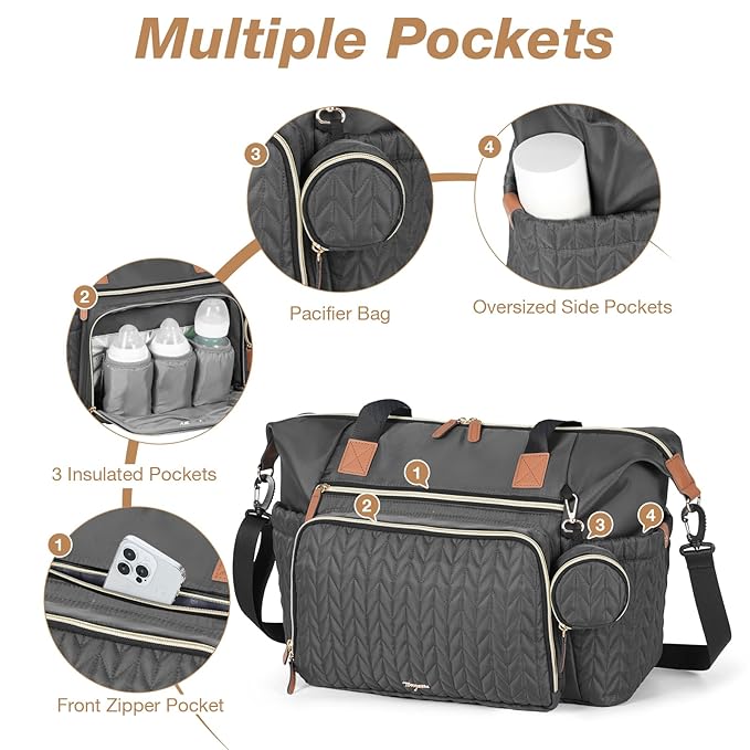 Diaper Bag Tote, Large Baby Diaper Bags Waterproof, Hospital Bag for Labor Delivery with Pacifier Case, Changing Pad, Shoulder Strap, Dark Gray