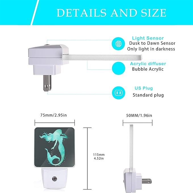 Summer Sea Fish Night Light,Green Mermaid Underwater Marine Night Lights Plug into Wall for Boys Girls, Led Lights Indoor Home Decor 0.5W Nightlight Sleep Friendly