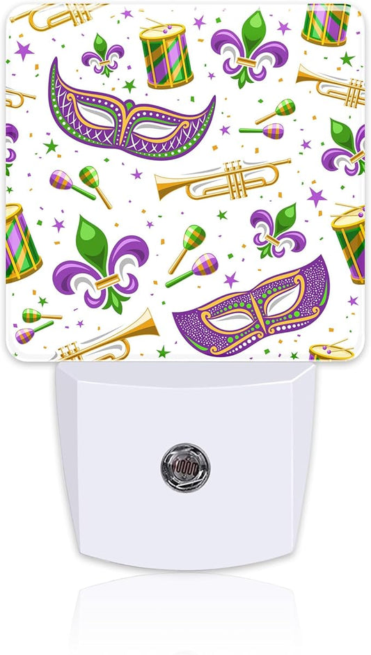 Mardi Gras Carnival Night Light, Fleur De Lis Mask and Musical Instruments Dusk to Dawn Night Light Plug in,0.5w Energy Saving Sleep Friendly NightLight for Kids Boys Girls Home Decor