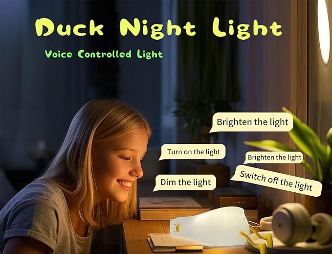 HAPPYBAG Cute Lying Flat Duck Night Light,Voice Control Fun Duck Lamp,LED Squishy Duck Light Soft Silicone Dimmable Nursery Nightlight Rechargeable Bedside Touch Lamp Baby Kids Room Decor