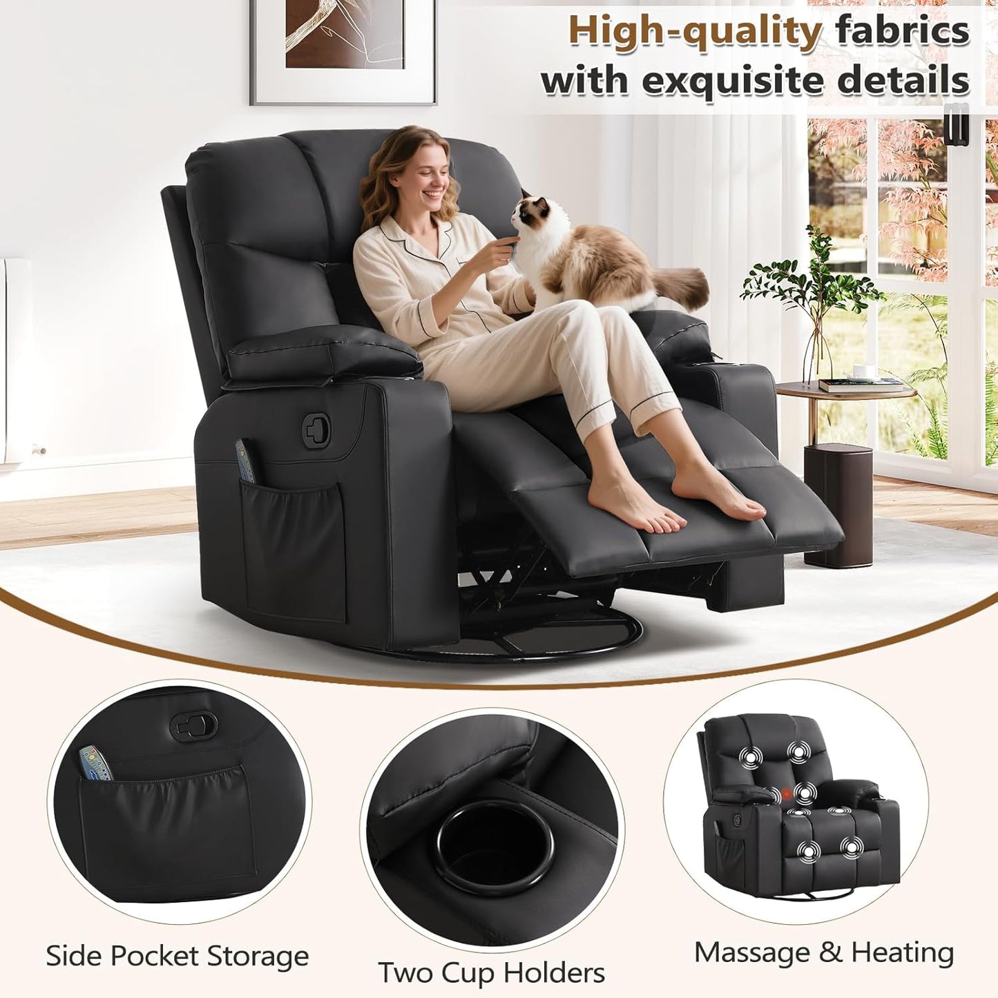 ANJ PU Leather Nursery Recliner Chair, 360° Swivel Rocker with Heat & Massage, 3-Position Manual Reclining for Living Room, Black