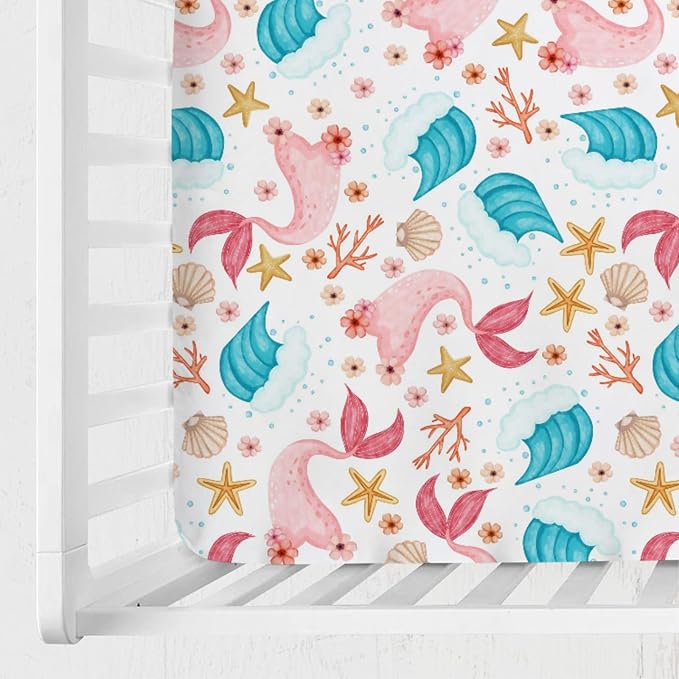 Colorful Nautical Life Baby Crib Sheets 52''x28'' Mermaids Starfish Conch Coral Wave Fitted Crib Mattress Cover for Boy Girl Sea Ocean Animal Nursery Bed Sheets for Standard Crib and Toddler Mattress