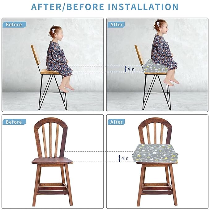 Taeku Booster Seat for Dining Table, Portable Kids Toddler Booster Chair Increasing Cushion Cartoon Seat Pad with 2 Safety Buckles for Kitchen Restaurant (Planet Grey)