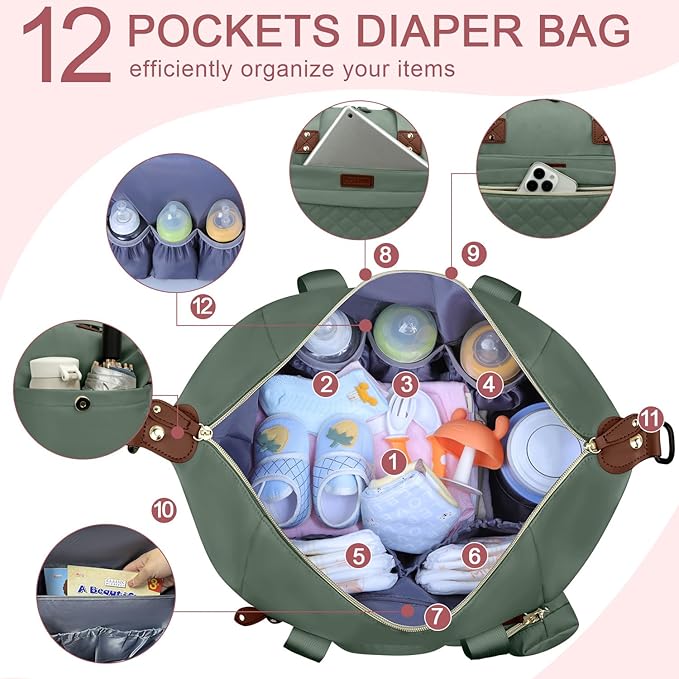 Diaper Bag Tote - Diaper Baby Bags with Pacifier Case, Shoulder Straps, Stroller Clips, Waterproof Large Mommy Maternity Travel Baby Bag for Mom and Dad, Green, Medium