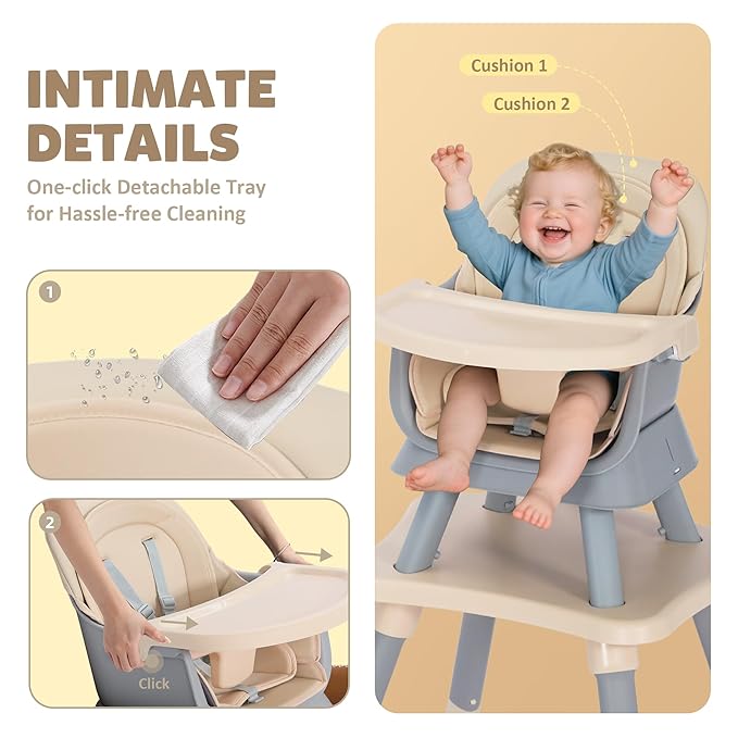 Baby High Chair, 8 in 1 Convertible Highchairs for Babies and Toddlers, Children Dining Booster Seat/Kids Building Block Table for Girls Boys, Baby Seat with Removable Tray, Khaki