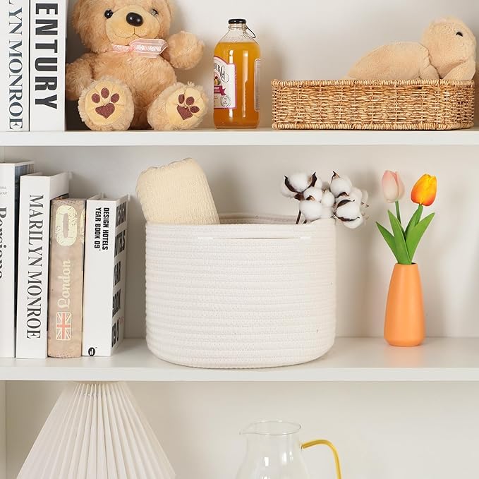Small Basket for Organizing | Cube Shelf Closet Storage Baskets | 9.7×9.7×7.1” | Woven Rope Gift Basket | Nursery | Round 3 Packs Off White