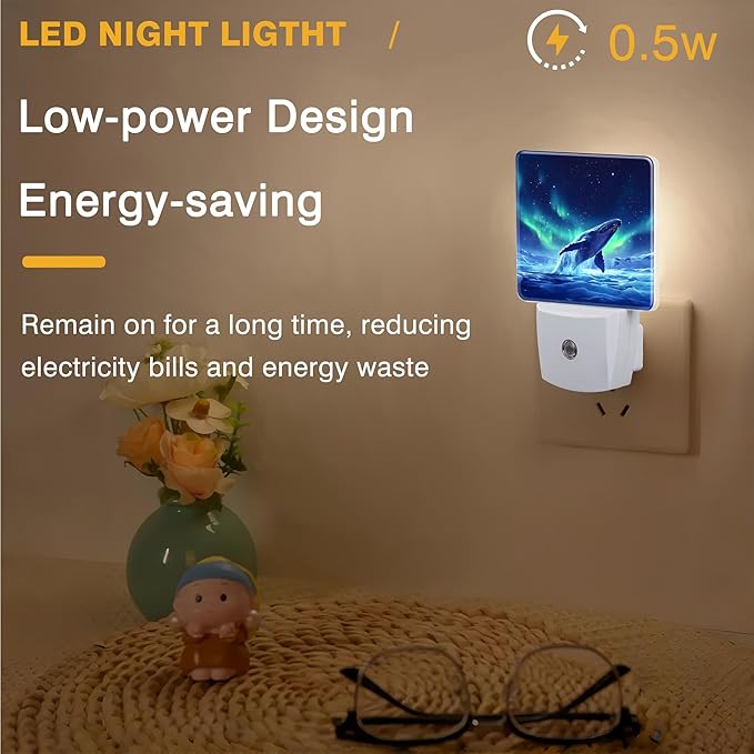 Jumping Whale Night Light, Aurora Plug-in Nightlight with Dusk to Dawn Auto Sensor for Home Bedroom Hallway Stairway Kitchen 0.5W Sleep Friendly Led Lamp for Women Men
