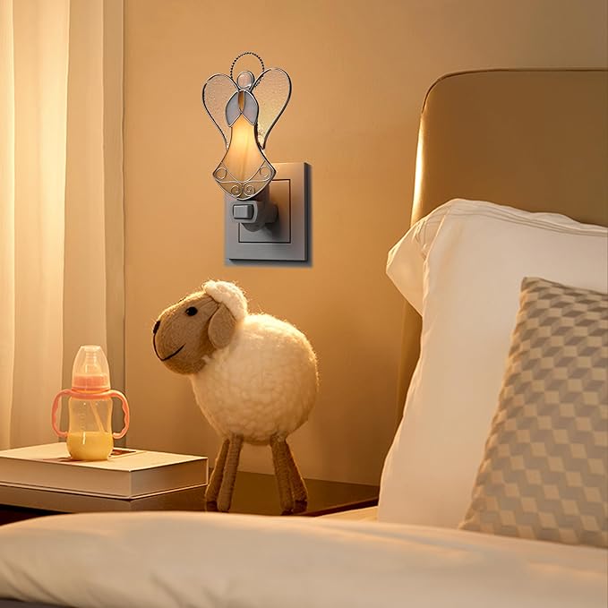 Night Lights Plug into Wall,Stained Glass Yellow Angel Plug in Night Light for Wall Socket Decorative Nightlight for Bedroom Hallway Kitchen Home for Mom Mother`s Day Birthday Christmas Gifts