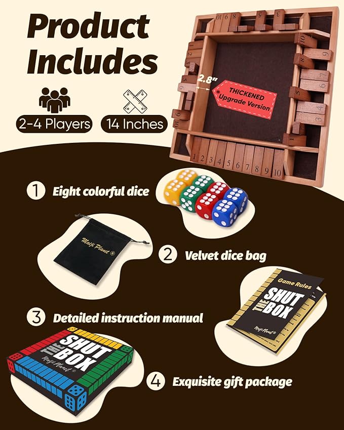 14" Deluxe Shut The Box Game, Math Dice Board Game for Travel, Wooden Table for Adult Senior, Travel Party Bar, Easy Quick and Fun, 2-4 Players