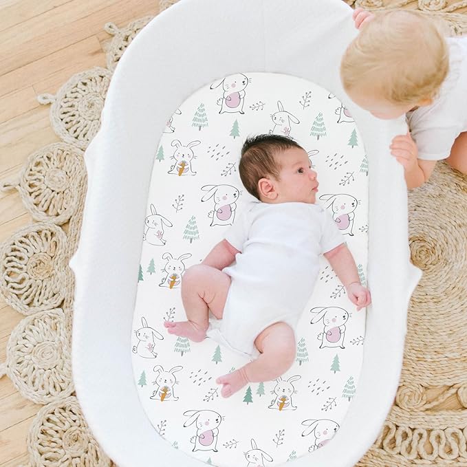 Stretch Fitted Bassinet Sheet Set BROLEX 2 Pack Cradle Sheets for Bassinet Pad/Mattress,Unisex Boys Girls,Ultra Soft,Pink-Bellied Rabbit