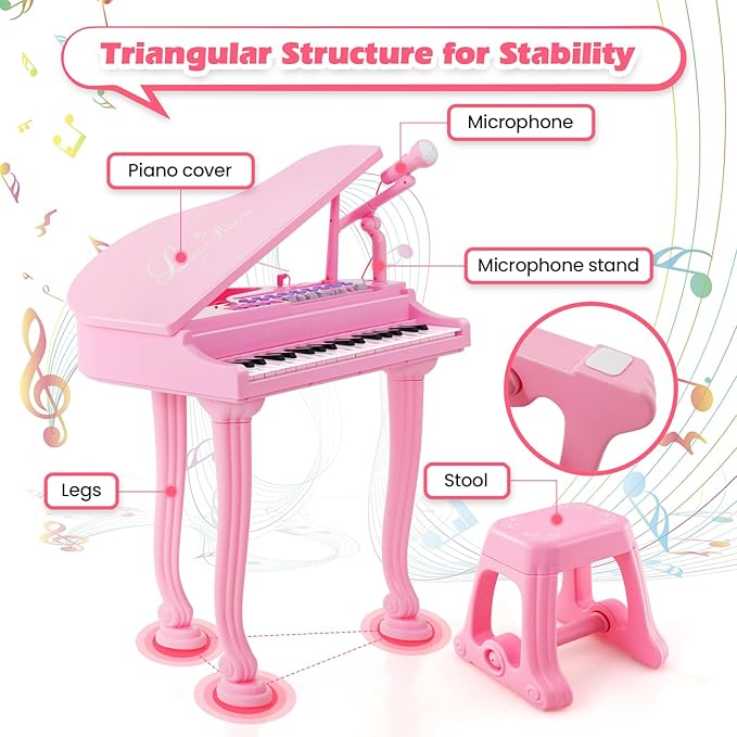 HONEY JOY Classical Kids Mini Grand Piano, 37-Key Electronic Piano with Music Stand & Stool, Portable Musical Instrument Toy for Kids (Pink, 37 Keys)