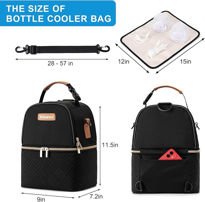 Breastmilk Cooler Bag with Ice Pack & Mat Fit 6 Bottles Up to 9 Ounce, Breast Milk Pump Cooler Bag for Moms Daycare,Work&Travel, Black