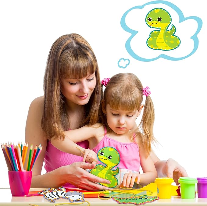 10 Pieces Kids Jungle Animal Lacing Cards Safari Animal Sewing Cards Thick Cardboard Double Sided Lacing Playing Games for Children Toddler Developing Imagination Education Supplies (Jungle Style)