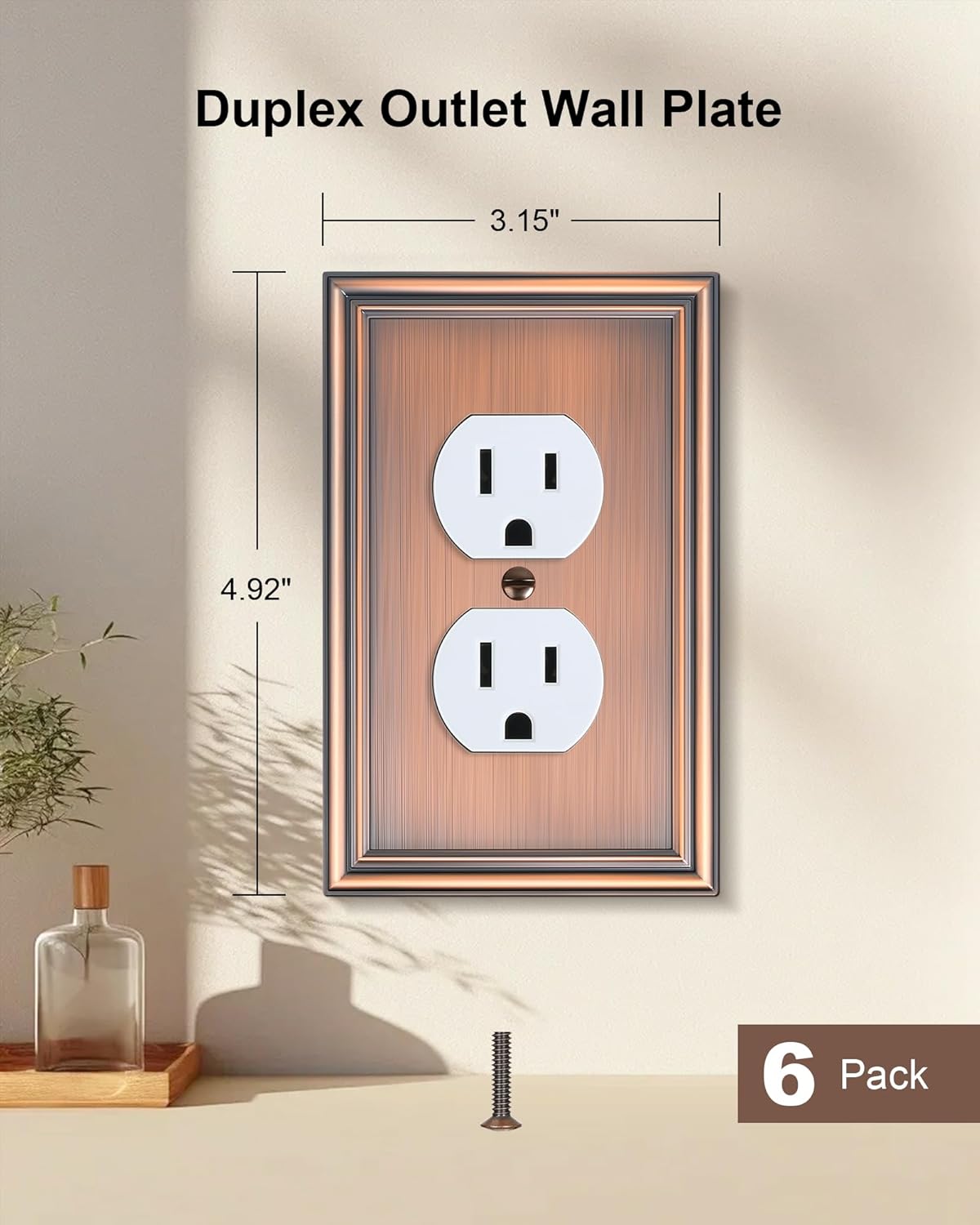 6-Pack Single Duplex Outlet Cover Plate, Decorative Antique Copper Switch Plates and Outlet Covers, Metal Wall Plates for Electrical Outlets, 1 Gang Receptacle Cover, Corrosion Resistant