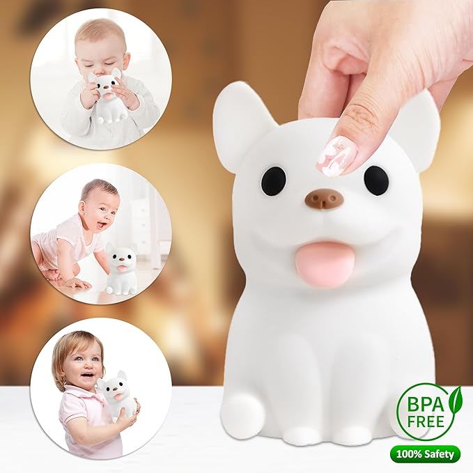 Attivolife Funny Dog Night Light, Puppy Bulldog Animal Silicone LED Touch Lamp with Timer Dimmable, USB Rechargeable Feeding Toddler Bedroom Bedside Decor Birthday Xmas Gifts for Kid Baby Child