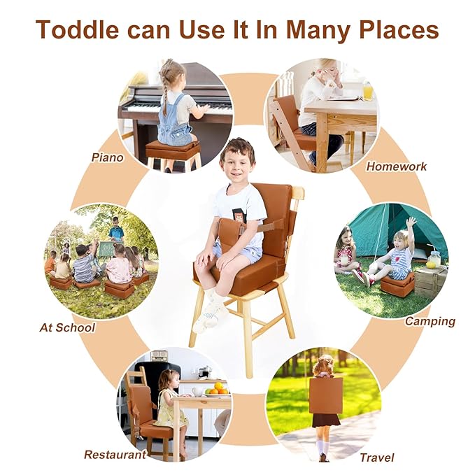 Toddler Booster Seat for Dining Table Kitchen Chair, Waterproof Non-Slip with Backrest & Adjustable Straps, Portable PU Travel Baby Kids Booster Seat Cushion