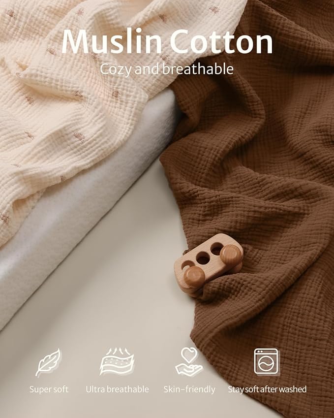 Blissful Diary Muslin Mini Crib Sheets, Pack and Play Mattress Sheets Fitted for Pack N Play, Soft Cotton for Boys Girls, 2 Pack(Sunshine&Brown)