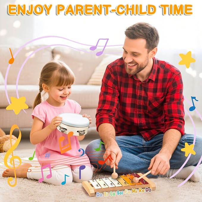 Baby Musical Instruments Set - Montessori Wooden Toys for Toddlers 1-3, Neutral Colors Drum Percussion Instruments Set with Modern Boho Xylophone, Preschool Educational Tool for Kids Age 3+