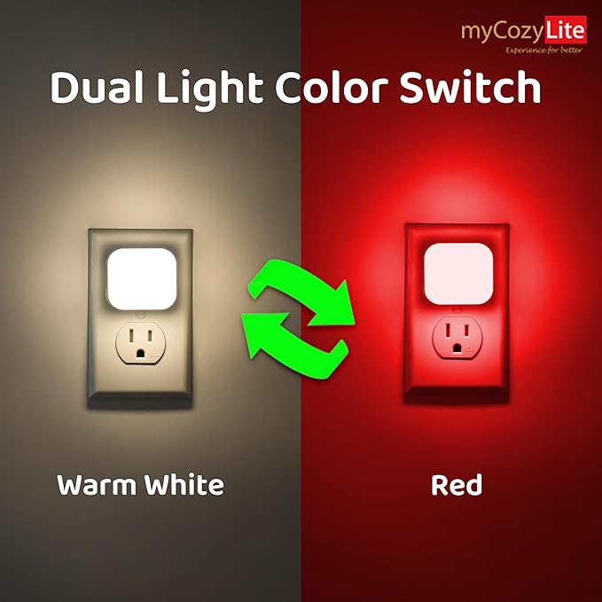 myCozyLite Red Night Lights Plug into Wall, Warm White Light, 2 in 1, Plugin Nightlights 4 Pack, Dusk to Dawn Sensor, Dimmable, Automatic Lights, for Bathroom, Bedroom, Kitchen, Hallways, Nursery