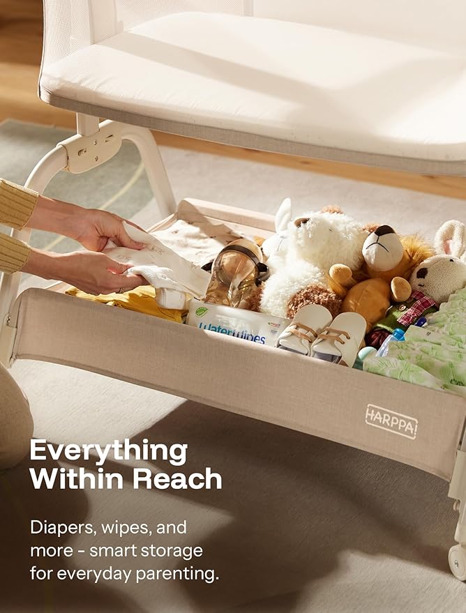 HARPPA Cuddly Bassinet, 2 in 1 Baby Bassinet with Breathable Mesh and Mattress, 6 Height Adjustable, Bedside Sleeper with Anchor Strap, Storage Basket and Wheels, Beige