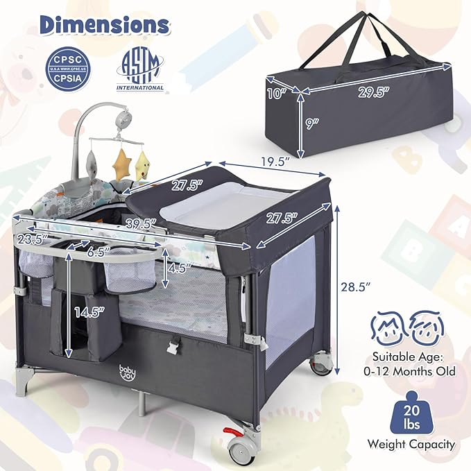 HONEY JOY Pack and Play with Bassinet, 5-in-1 Baby Bedside Sleeper w/Diaper Changing Table & Storage Bag, Toy Arch & Music Box, Detachable Side Rail, Portable Baby Play Yard w/Carry Bag(Gray)