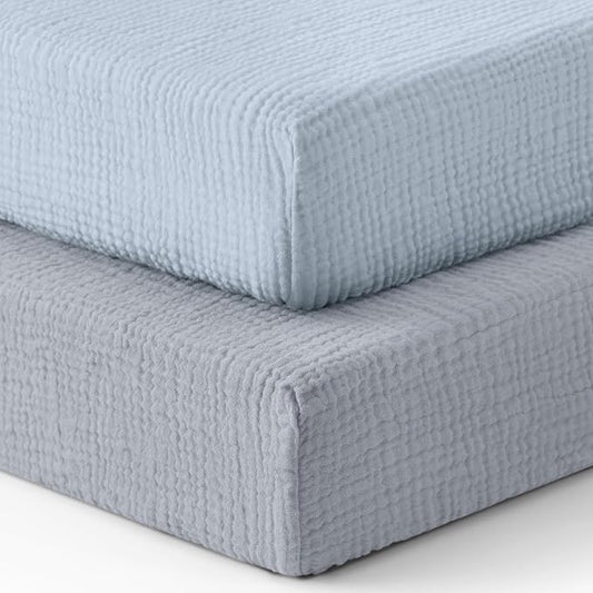 Blissful Diary Muslin Crib Sheets for Girl Boy, Boho Neutral Soft Cotton Baby Sheet for 52''x28'' Standard Crib Mattress, 2 Pack(Light Blue&Grey)