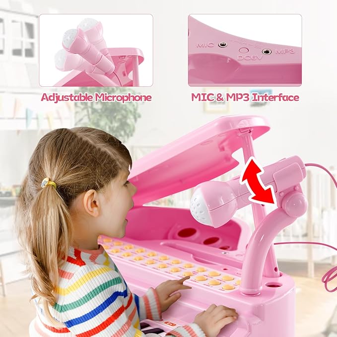 HONEY JOY Classical Kids Mini Grand Piano w/ Music Stand & Stool, Portable Electronic Piano Educational Musical Instrument Toy w/ Microphone, Lights, Gift for Kids (Pink, 31 Keys)