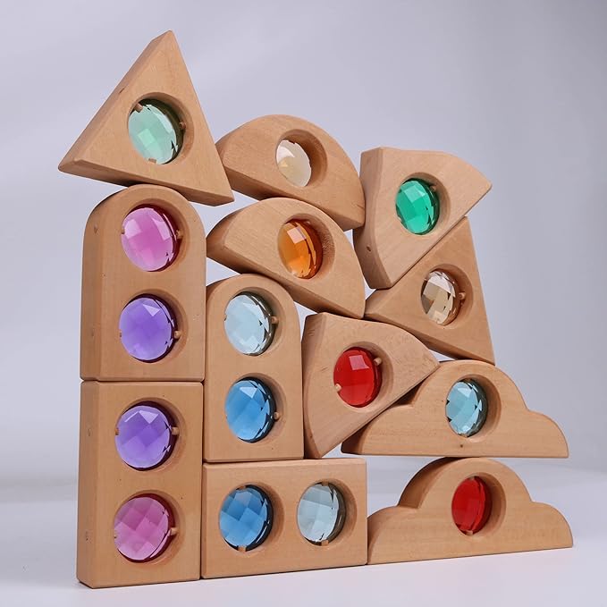 12PCS Acrylic Gem Fairytale Windows Blocks,Translucent Cubes Stacking Toys, Sparkling Acrylic Toy Wooden Stacking Blocks,Open Ended Play Montessori Educational Wooden Toys