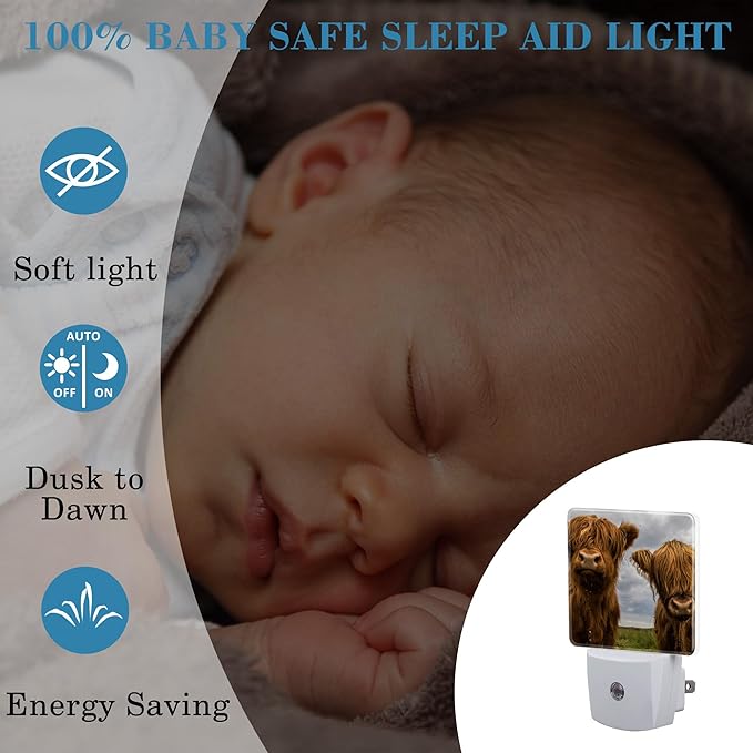 Highland Cows Night Light with Dusk to Dawn Sensor for Kid Girls Boys Women Men Room Decor, Hallway, Kitchen, Bathroom, Nursery, Stairs