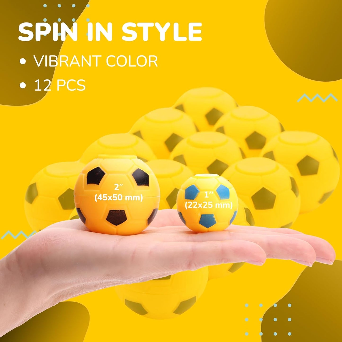 Entervending Fidget Spinners - 2 Inch Stress Balls - 12 Pcs Soccer Party Favors - Yellow Mini Fidget Spinners - Classroom Prizes - Fidget Spinners for Kids - Easter Basket Stuffers