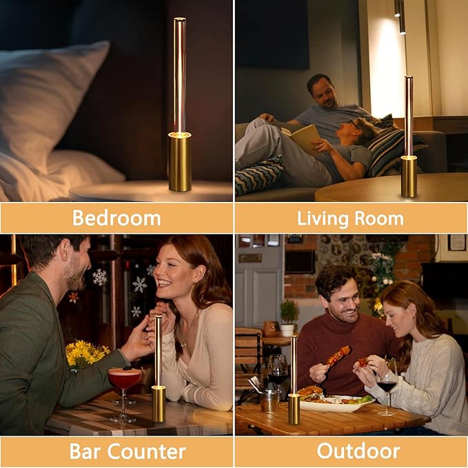 Cordless Table Lamp Set of 2, 3 Way Dimmable Touch Rechargeable LED Desk Lamp for Nightstand with 4000mAh Battery Operated, Night Light for Restaurant Home Dinner Dining Kitchen (Gold)