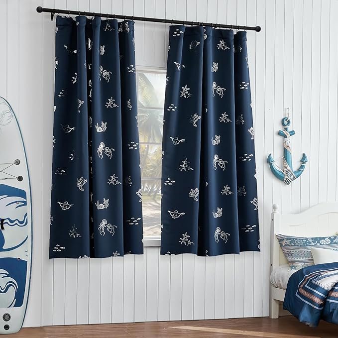 Vangao Kids Curtains for Boys Bedroom Kids Blackout Curtains 63 Inch Length Ocean Aquarium Nursery Drapes for Girls Bedroom Silver Sea Animals Print Thermal Insulated Drapes, Navy Blue 2 Panels