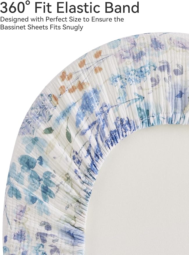 TILLYOU Muslin Bassinet Sheets for Baby Boys Girls 3 Pack, Soft Breathable Elastic Cotton Bassinet Mattress Sheets, Fit Hourglass Oval Rectangle Cradle Mattress, 33"X17",Blue Flower