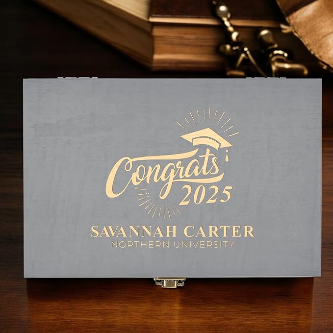 Personalized Graduation Keepsake Box 2025 Custom Engraved Wooden Memory Box High School College Graduates Cap and Gown Storage Boxes - Graduation Gifts for Him Her