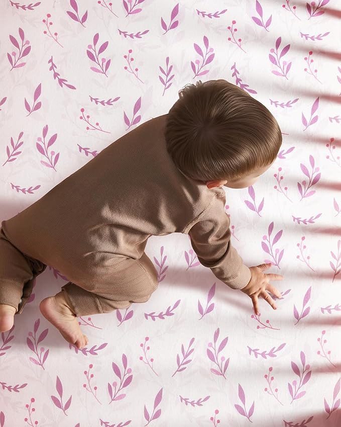 Baby Crib Sheets for Boys Girls, 28x52x8in Fitted Crib Sheet Neutral 3 Pack for Standard Crib and Toddler Mattress, Breathable Soft Microfiber Baby Sheet Purple Leaf