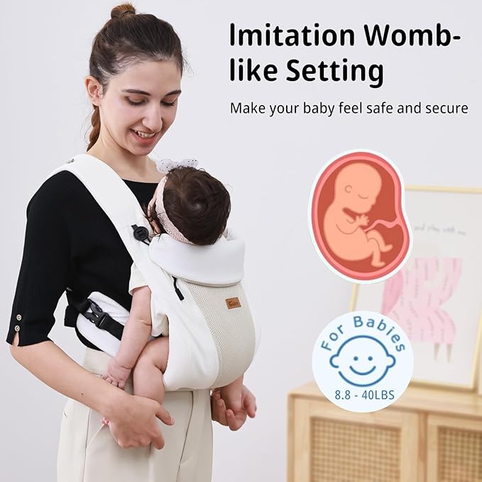 CUBY Newborn Baby Carrier with Head Support and Sunshield, Breathable & Adjustable Newborn Toddler Front Baby Carriers Sling, Hands-Free Newborn Carrier up to 40lbs(White, Classic-with Inner Crotch)