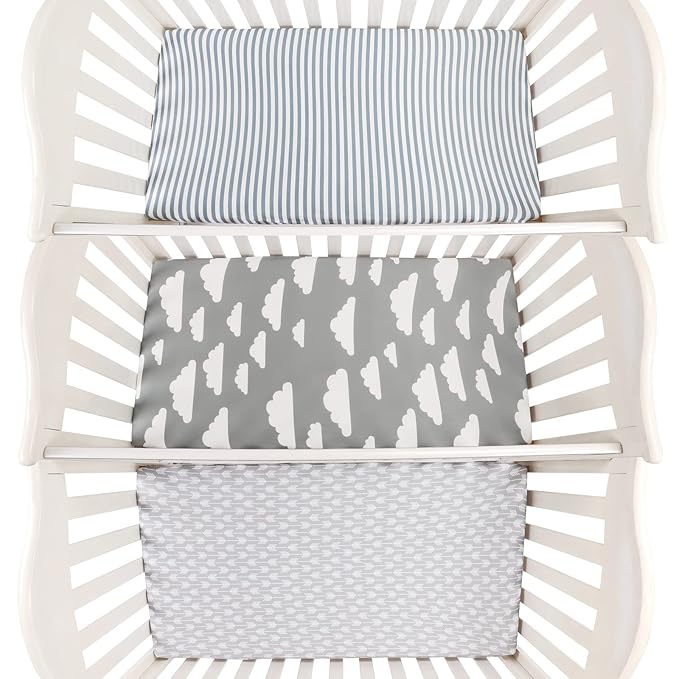 Onacosht Pack n Play Sheets 3 Pack for Baby Unisex, Stretchy Jersey Knitted Portable Mini Crib Sheets Playard Mattress Cover for Baby Boys and Girls, Clouds Stripes and Arrow Printing