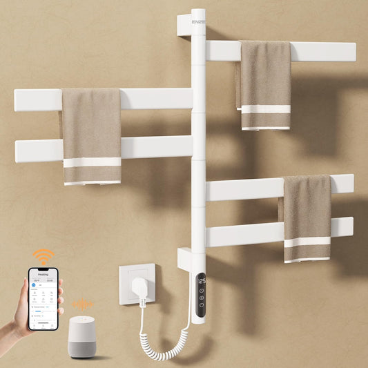 ENZE Smart Rotating Heated Towel Rack for Bathroom, Wall-Mounted Electric Towel Dryer with Swivel Bars, Smart Timer, Low Carbon Steel, IPX5, Plug-in/Hardwired, Towel Warmer with Wi-Fi App Control