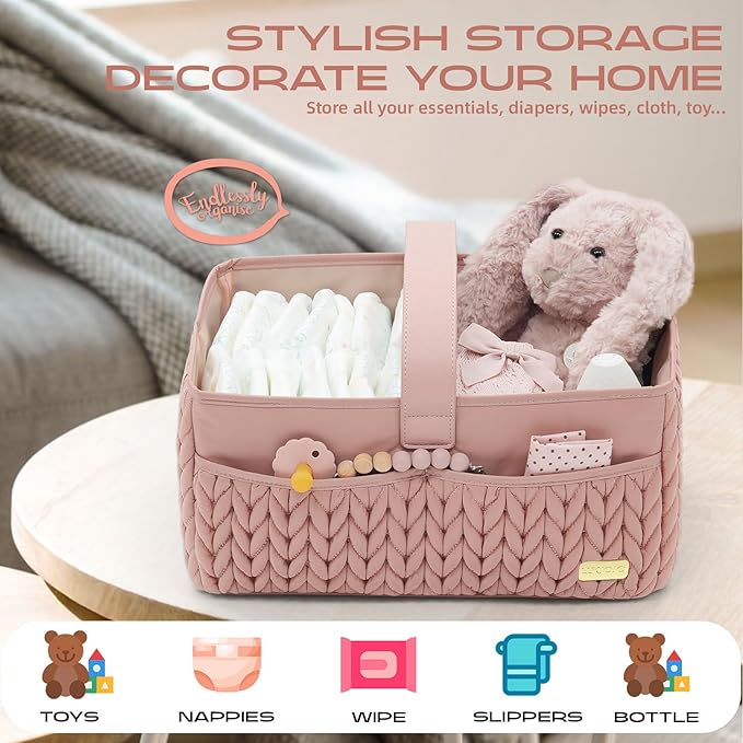 Luxurious Baby Diaper Caddy, Nursery Storage Basket for Newborn Boy and Girl, Travel Baby Basket for Diapers Baby Wipes, Organizer Tote Bag Storage Bin, Baby Shower Gifts(dusty rose)