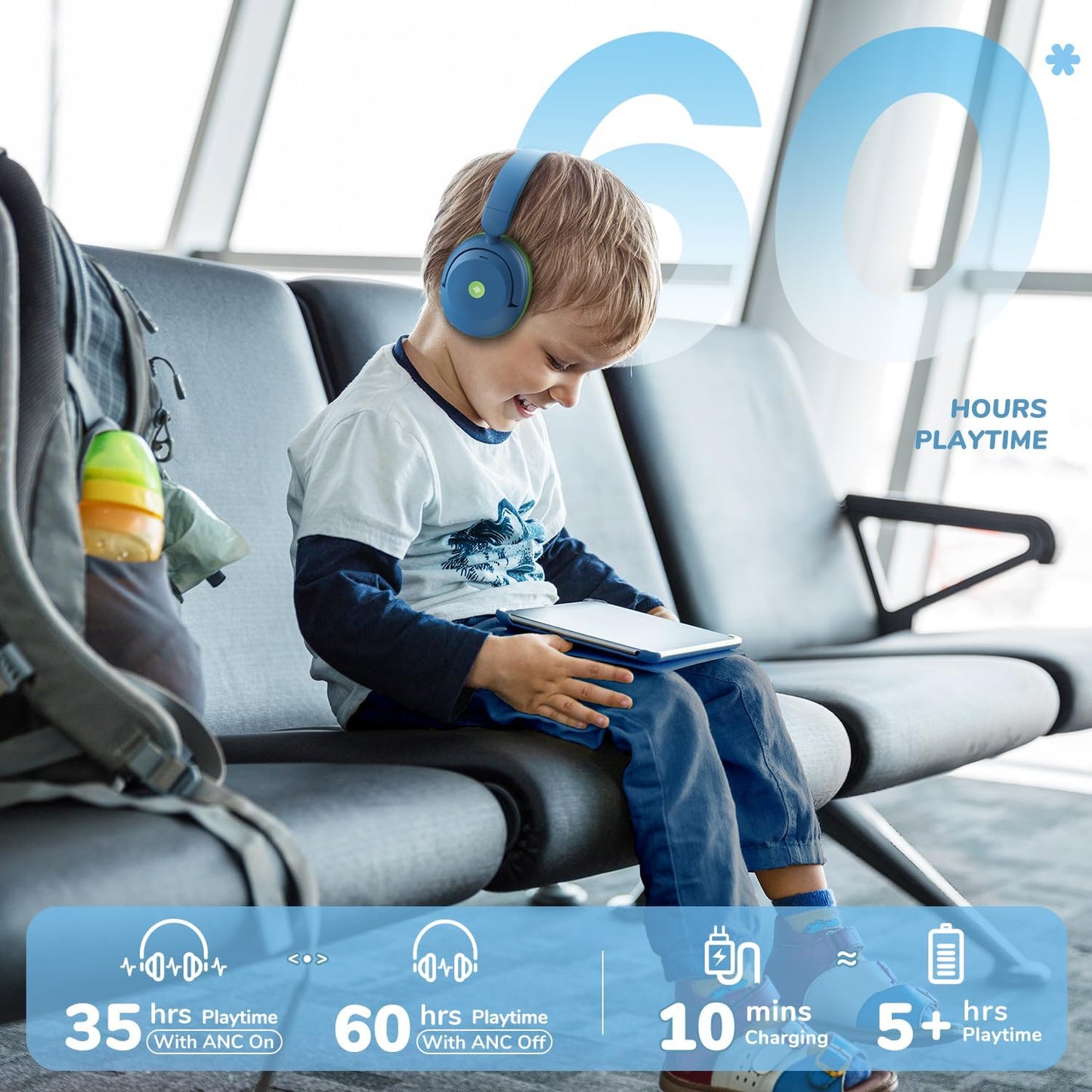 iClever BTH20 Active Noise Cancelling Headphones for Kids, 60H Play Time,Type C Fast Charging, Safe Volume 80dBA, Bluetooth5.4, Award-Winning Kids Headphones Wireless for iPad Tablet Airplane, Blue