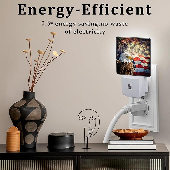 USA Flag and Bald Eagle Night Light Plug into Wall, American Patriotic Eagle Dusk to Dawn Night Light,0.5w Energy Saving Sleep Friendly Nightlights for Kids Boys Girls Home Decor