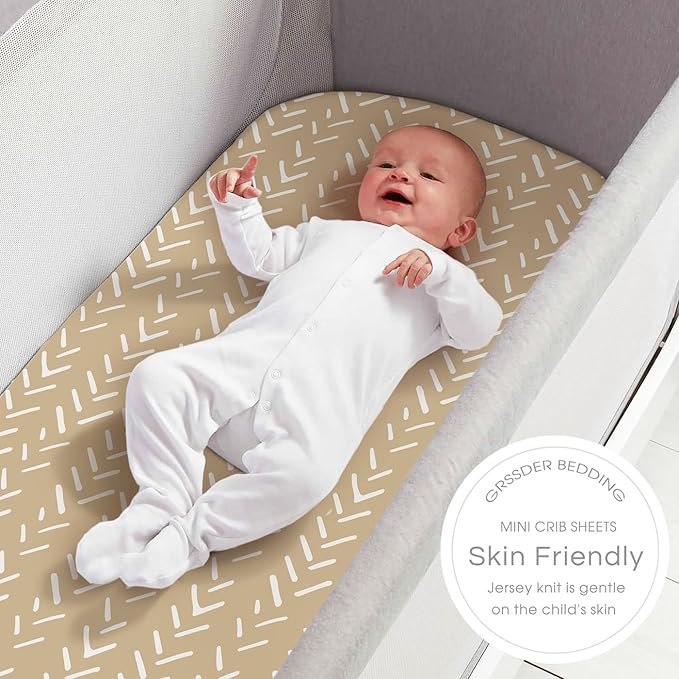 GRSSDER Stretchy Pack and Play Sheets, Ultra Soft Jersey Knit Fitted Pack n Play Sheets Set 2 Pack, Portable/Mini Cribs Sheets for Girls and Boys, Rainbow Pattern