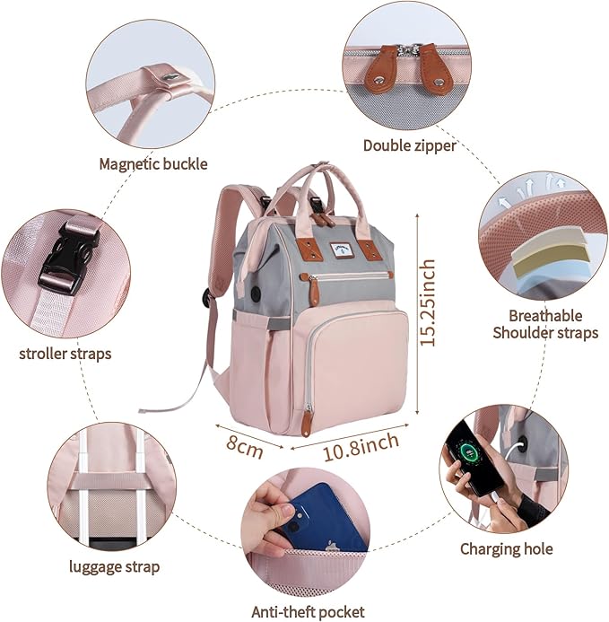 Diaper Bag Backpack: Tote Baby Bag for Boy and Girl, Large Mommy Bag Insulated Pockets Charger Holes for Men and Women, Nappy Bag for Baby Airplane Traveing Pink Gray
