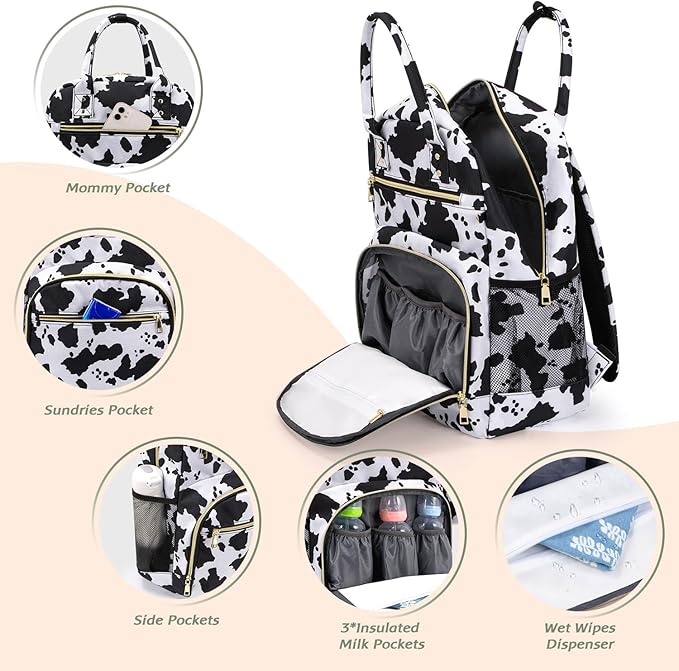 Diaper Bag Backpack,Baby Essentials Diapers Bag with Pacifier Case,Multipurpose Stylish Large Capacity Travel Backpack for Baby Girl/Boy(M-Cow Print)