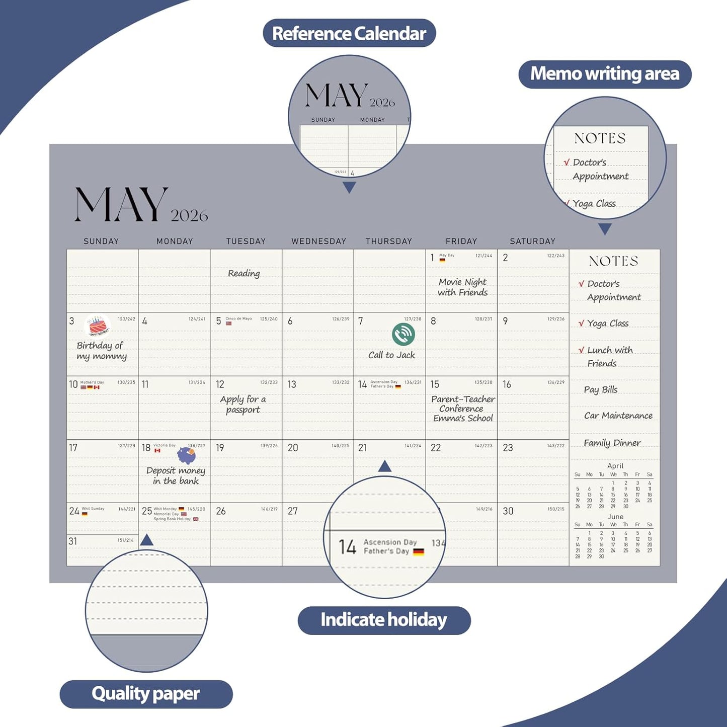Desk Calendar 2025-2026, Monthly Desktop Large Calendar Runs Until December 2026-17" x 12" Desk Wall Planner for Family Office Teacher School, Blue