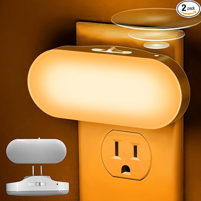 DORESshop Amber Night Light, Auto On/Off, 0-100 LM Adjustable Brightness, Dimmable Plug Into Wall Light Sensor Night Light for Kids Room, Bedroom, Stair Lights, Amber, 1W, 2 Pack