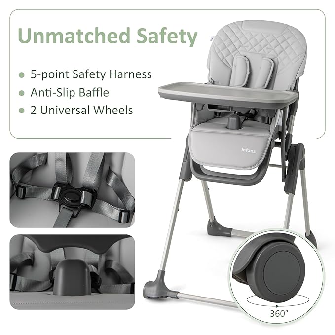 INFANS Baby High Chair, Convertible Quick Folding Portable Highchair for Babies and Toddlers with Adjustable Height Backrest Footrest 2 Wheels Removable Tray, Easy to Clean PU Seat (Grey)