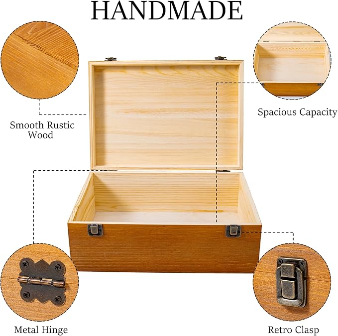 Vintage Wooden Storage Box, 12.18×8.64×4.71 Inch Small Wooden Box with Hinged Lid for DIY Art Hobby, Wood Keepsake Box Rectangular for Toys Jewelry Crafts Brown (12.18 * 8.64 * 4.71)