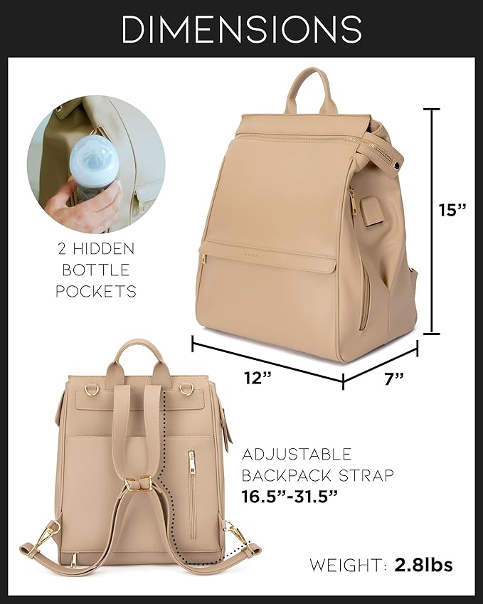 MIA + SOPHIA Leather Diaper Bag Backpack with USB Charging port, Changing Pad, Stroller Straps, and Bottle Holder(Beige Sophia)