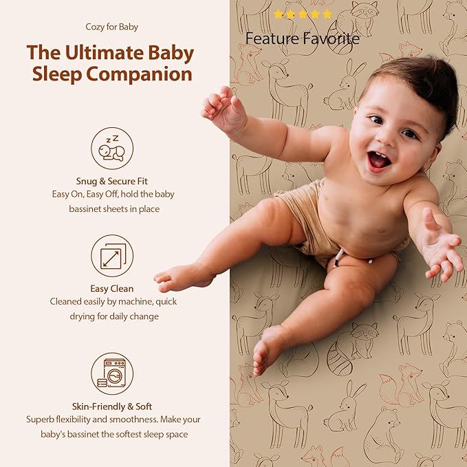 Baby Bassinet Sheets Girl Boy, Fitted Bassinet Sheet Set 3 Pack Bassinet Mattress Sheets Universal Fit for Rectangle, Round, Oval, Hourglass Mattress, Soft Breathable Green & Brown Fox